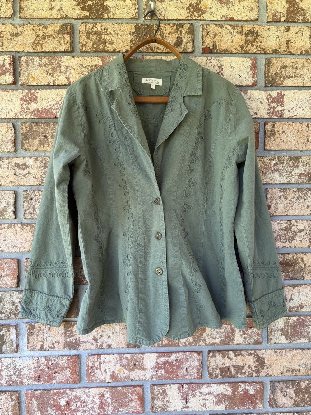 Novica Andean Fields Embroidered Laurel Green Cotton BlazerWomen’s Size Large